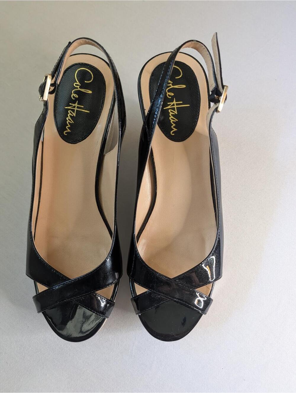 Cole Haan Black Patent Leather Wedge Sandals Size 6 - Picture 2 of 9